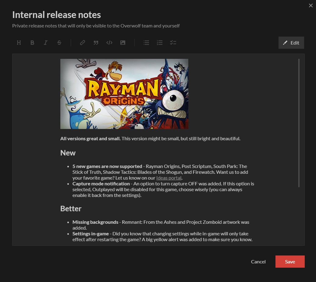 Internal Release Notes Preview